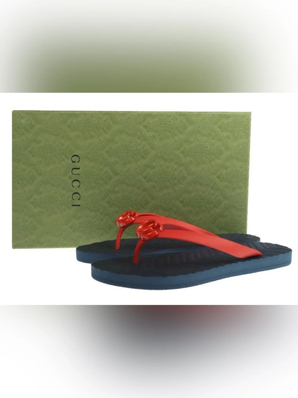Gucci Men's Navy Footbed with Red double G Strap Logo Flip Flops